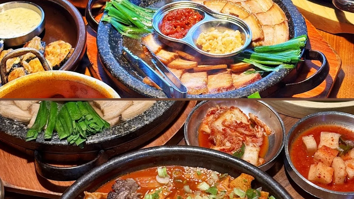 Hot soups and rice dishes served together.